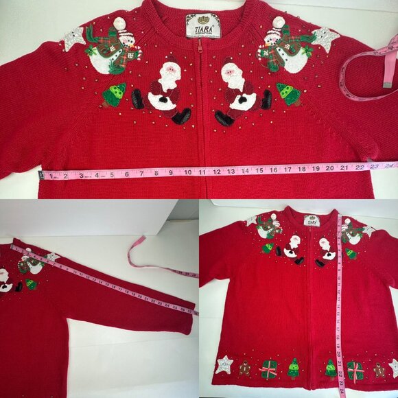 Vtg Red Long Sleeve Ugly Christmas Holiday Sweater Beads Sequins Med Santa Zippe - Picture 3 of 10